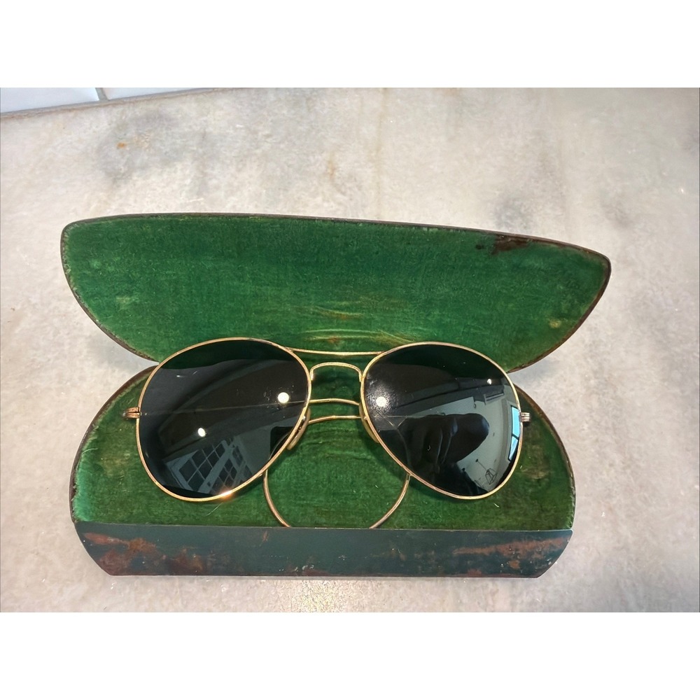 Vintage 1940's WWII Aviator Style Sunglasses with Gold Frames w/ Metal Case